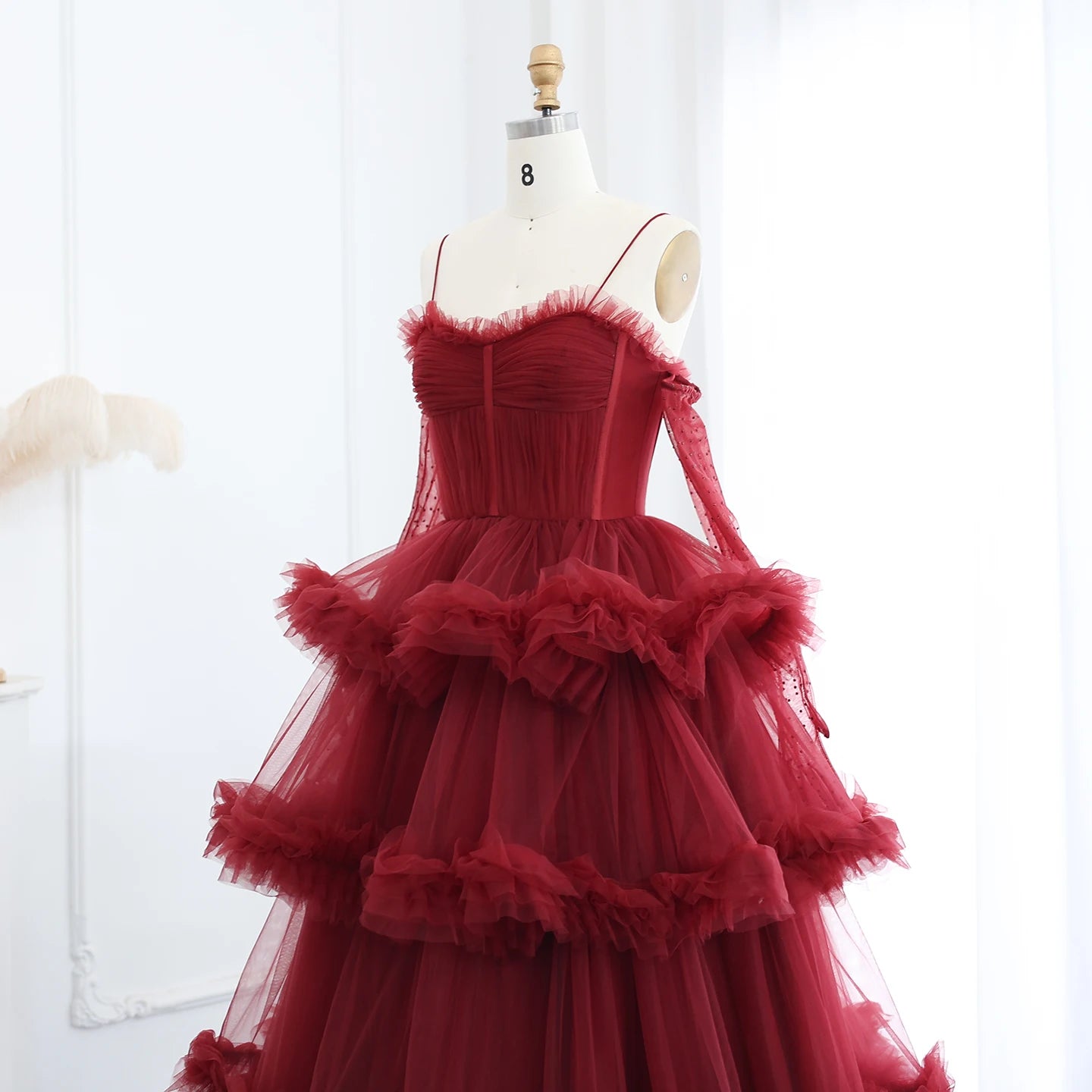 Burgundy Tulle Tiered Ruffles Evening Dress with Gloves