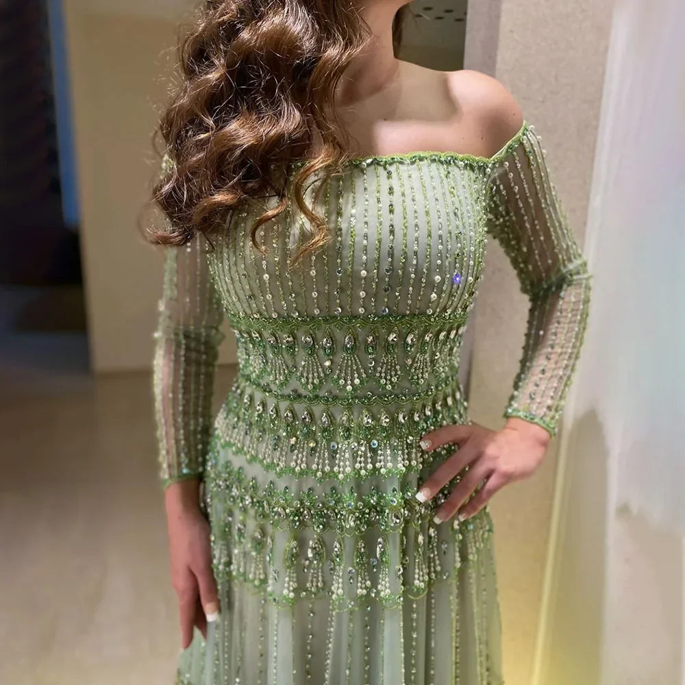 Luxury Beaded Sage Green A-Line Evening Dress 2024 Off Shoulder Elegant