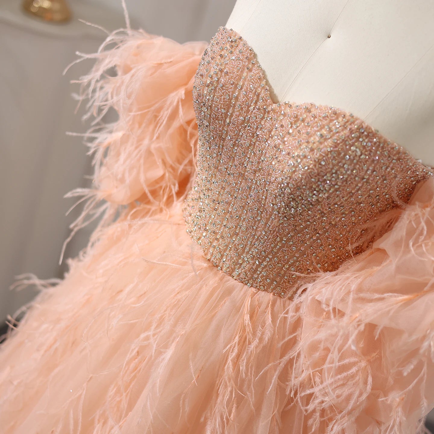 Luxury Feathers Ball Gown Coral Pink Evening Dress