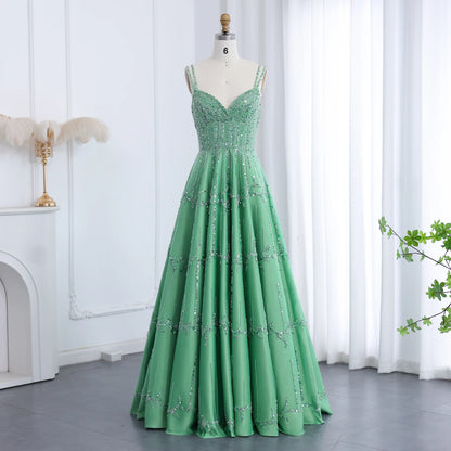 Luxury Dubai Beaded Green Evening Dress for Women Wedding Straps /Sqaure Engagement Party Dresses