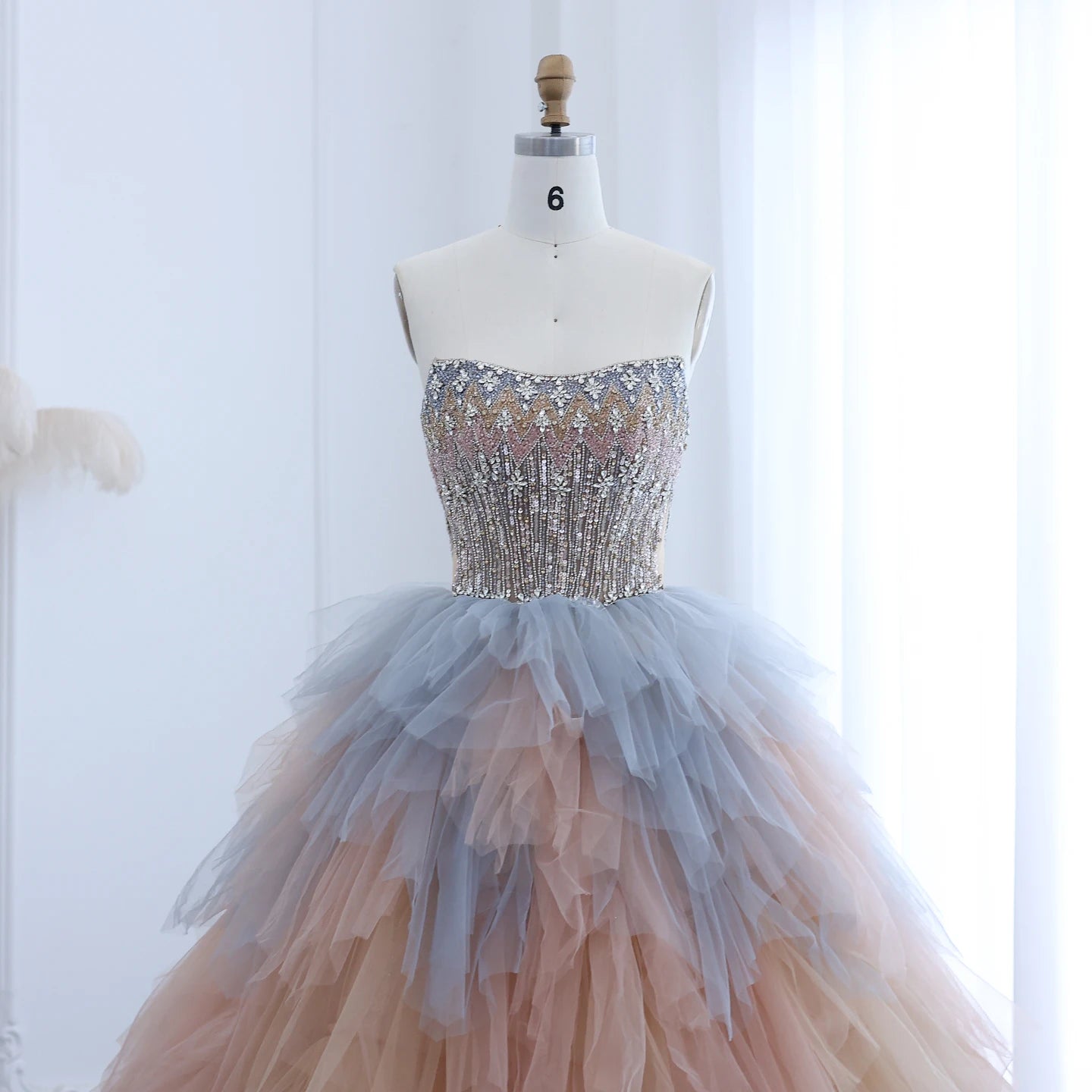 Rose Gold Blue Ruffles Princess Ball Gown Evening Dress