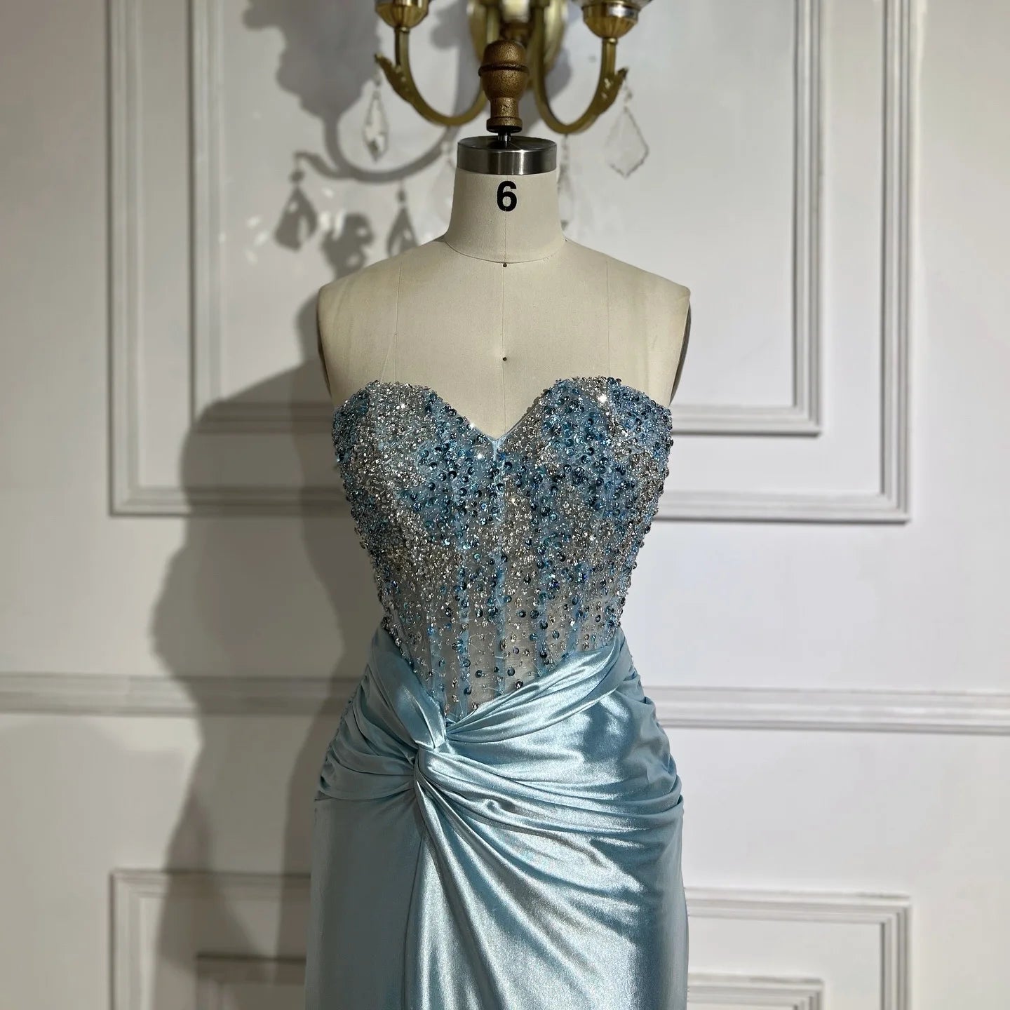 Blue Luxury Beaded Satin Mermaid Evening Dress