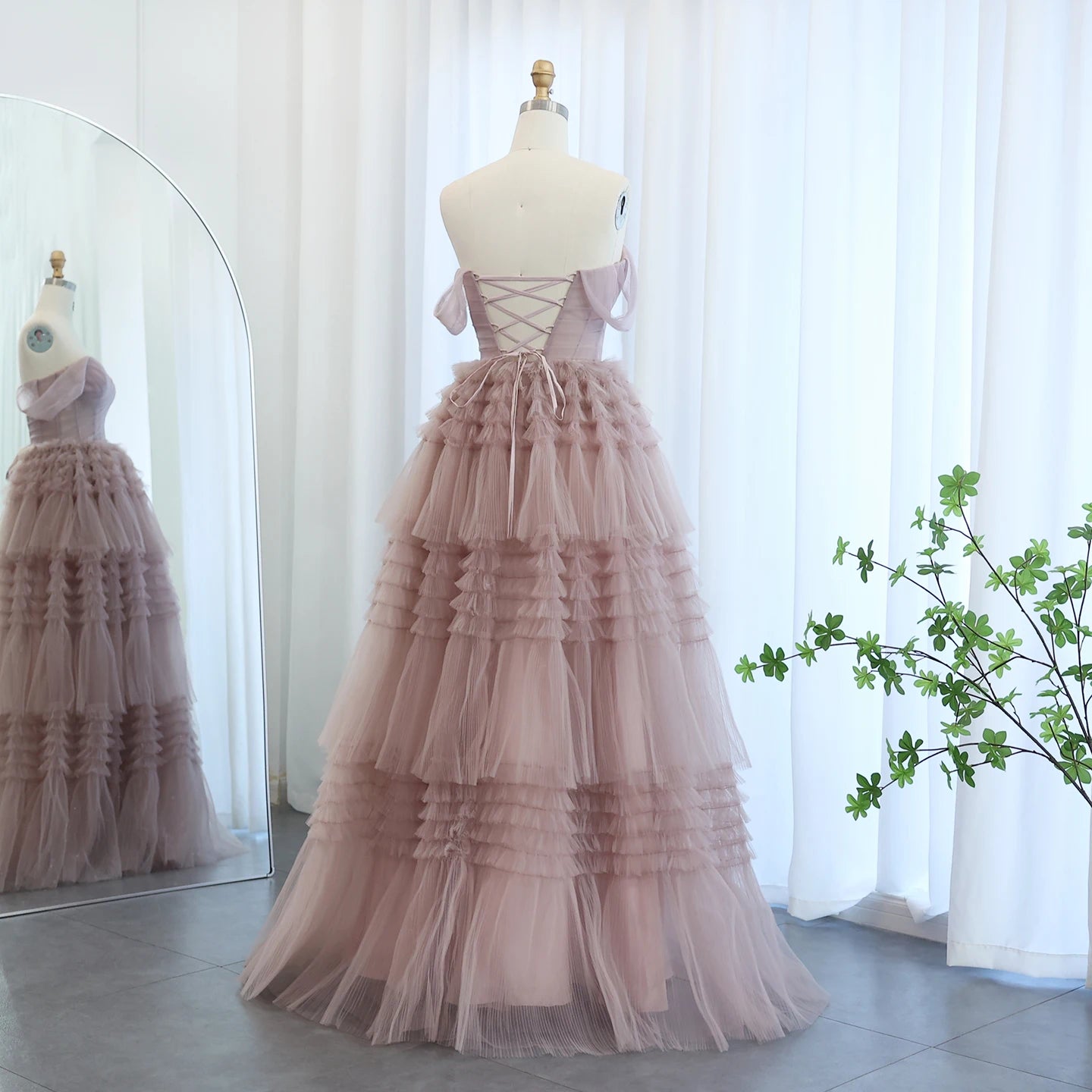 Blush Pink Off Shoulder Ruffles Evening Dress