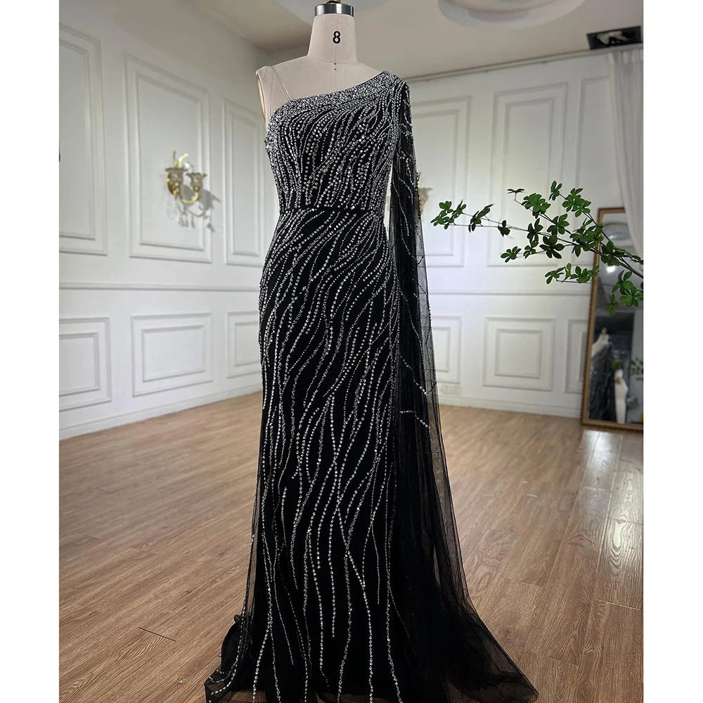 Black Mermaid Elegant Cape Sleeves Beaded Luxury Evening Dress