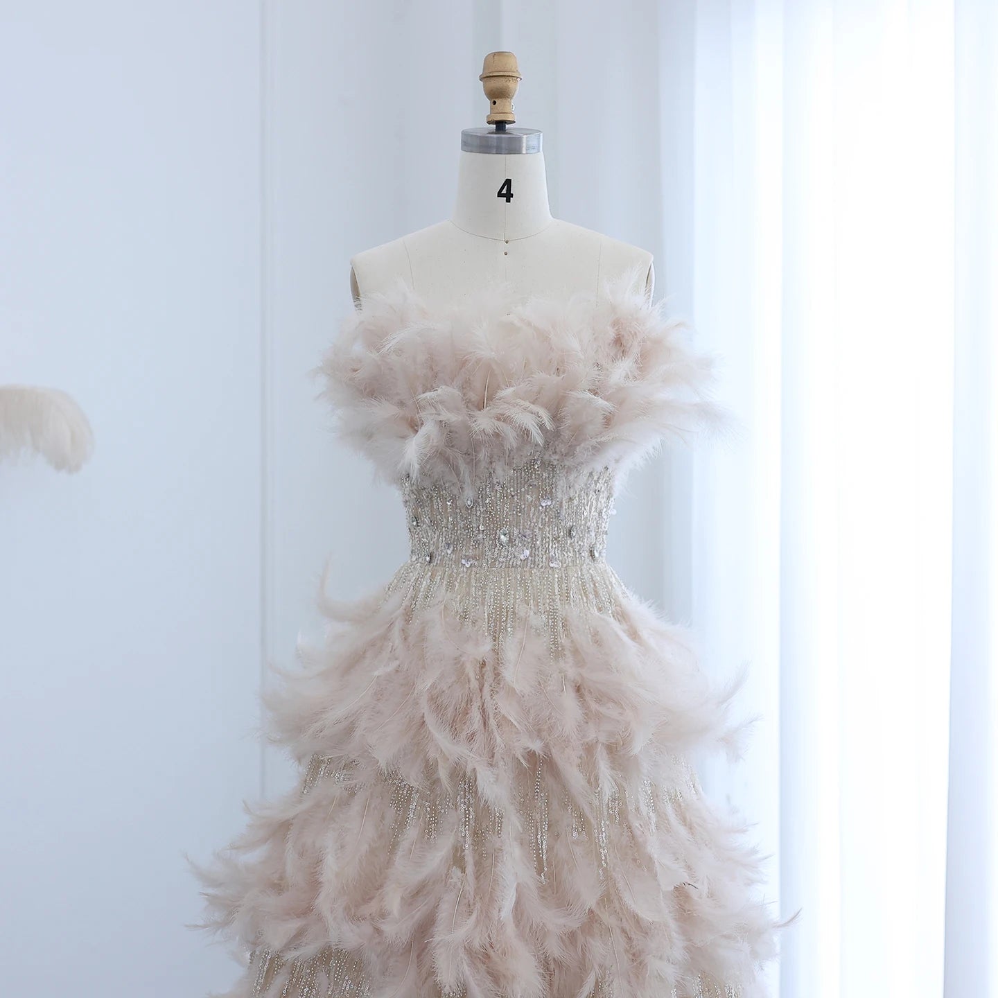 Luxury Feathers Princess Cream Evening Dress