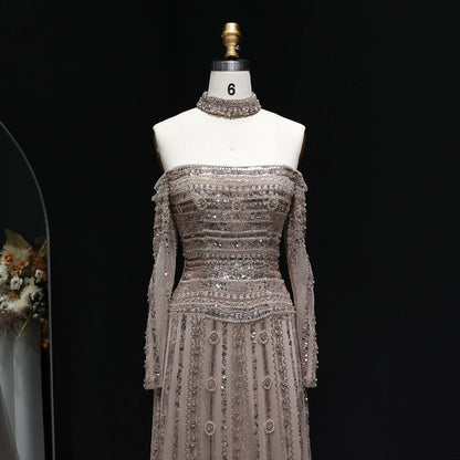 Heavy Beaded Elegant Off Shoulder Evening Dress with Choker Long Sleeves