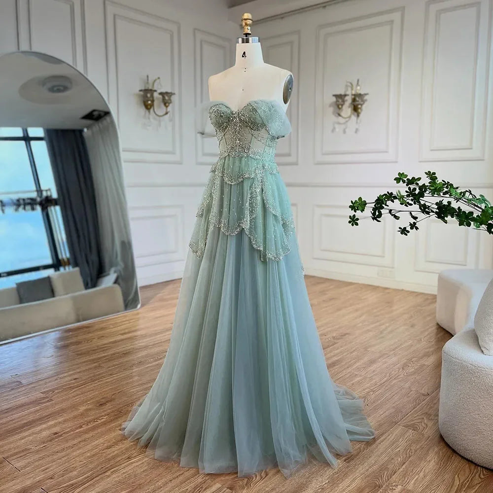 Sage Green A-Line Elegant Spaghetti Strap Luxury Beaded Evening Dress