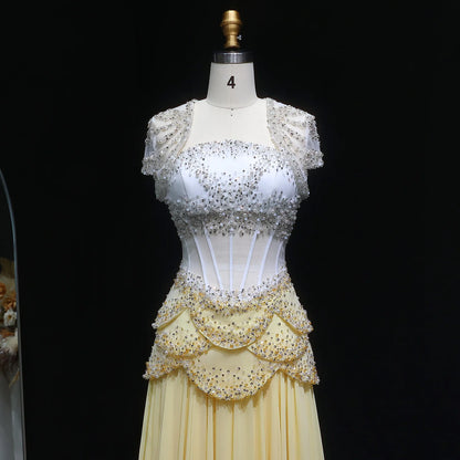 Elegant White & Yellow Chiffon Corset Dress with Short-Sleeve Jacket