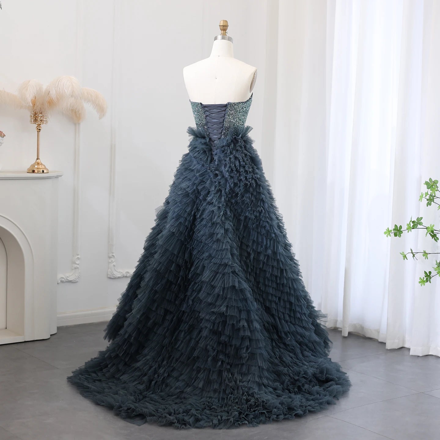 Luxury Beaded Blue Ball Gown Evening Dress