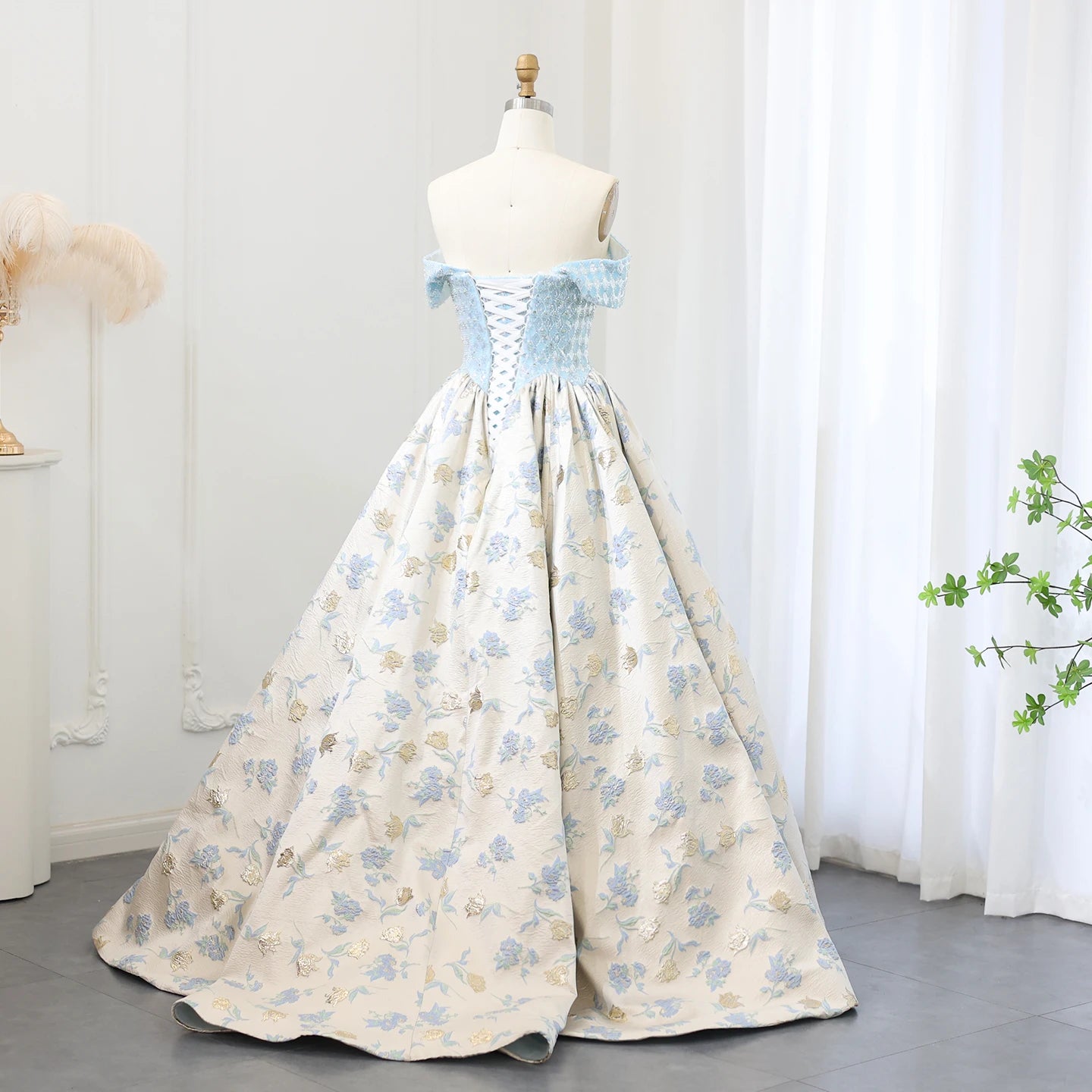 Elegant Off Shoulder Baby Blue Ball Gown Evening Dress