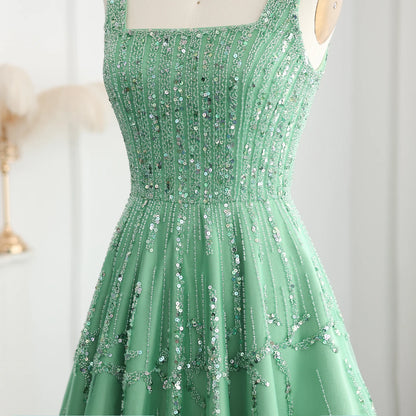 Luxury Dubai Beaded Green Evening Dress for Women Wedding Straps /Sqaure Engagement Party Dresses