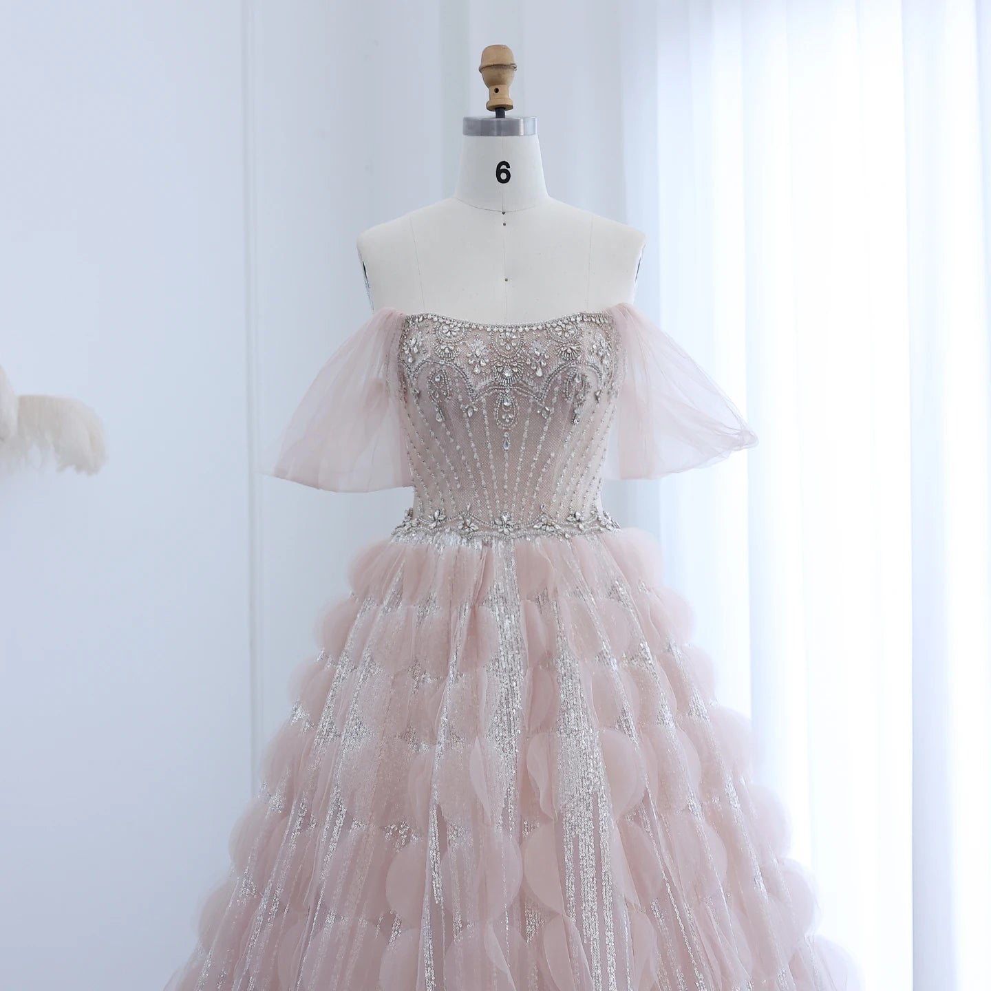 Crystal Princess Ball Gown Blush Pink Ruffles Evening Dress