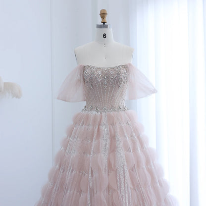 Crystal Princess Ball Gown Blush Pink Ruffles Evening Dress