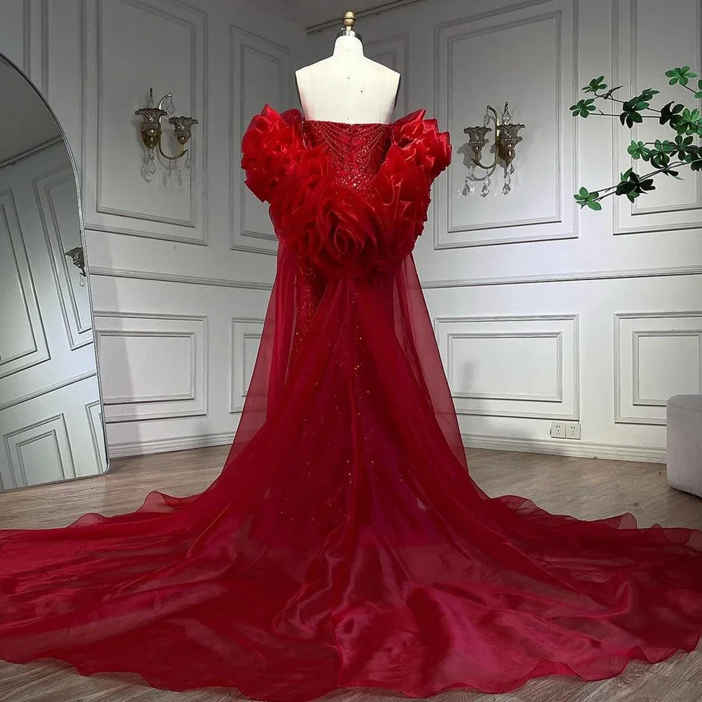 Red Long Cape Mermaid Evening Dress Gowns With Puffy Sleeves Beaded