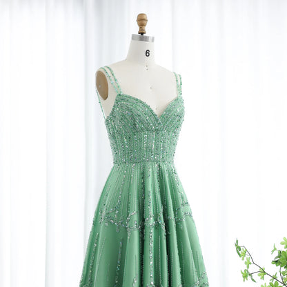 Luxury Dubai Beaded Green Evening Dress for Women Wedding Straps /Sqaure Engagement Party Dresses