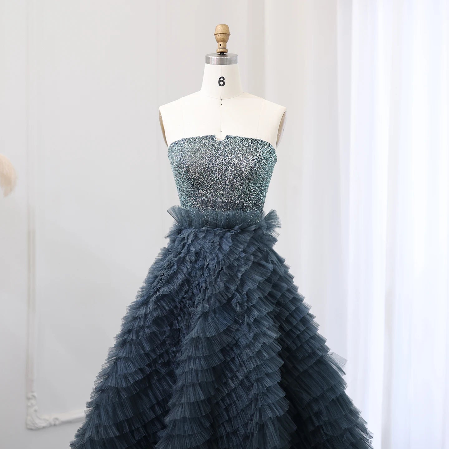 Luxury Beaded Blue Ball Gown Evening Dress