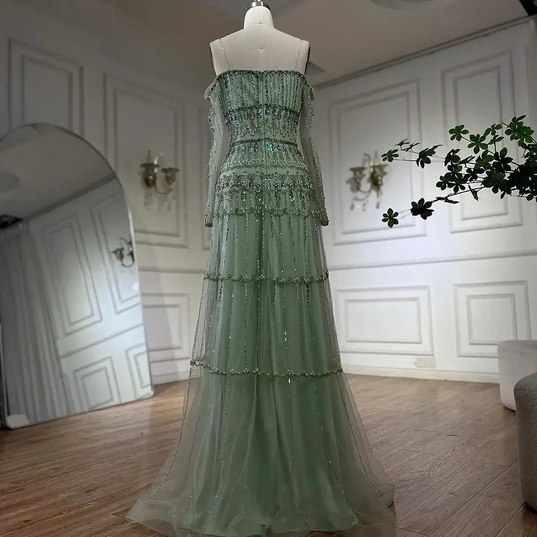 Luxury Beaded Sage Green A-Line Evening Dress 2024 Off Shoulder Elegant