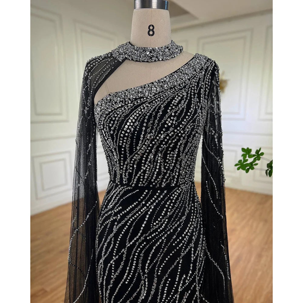 Black Mermaid Elegant Cape Sleeves Beaded Luxury Evening Dress