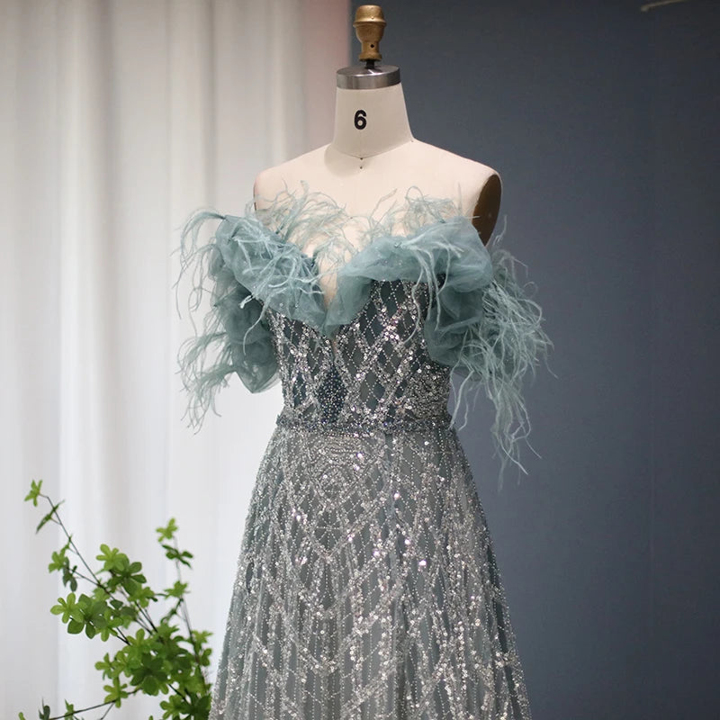 Luxury dress feathers, embroidery