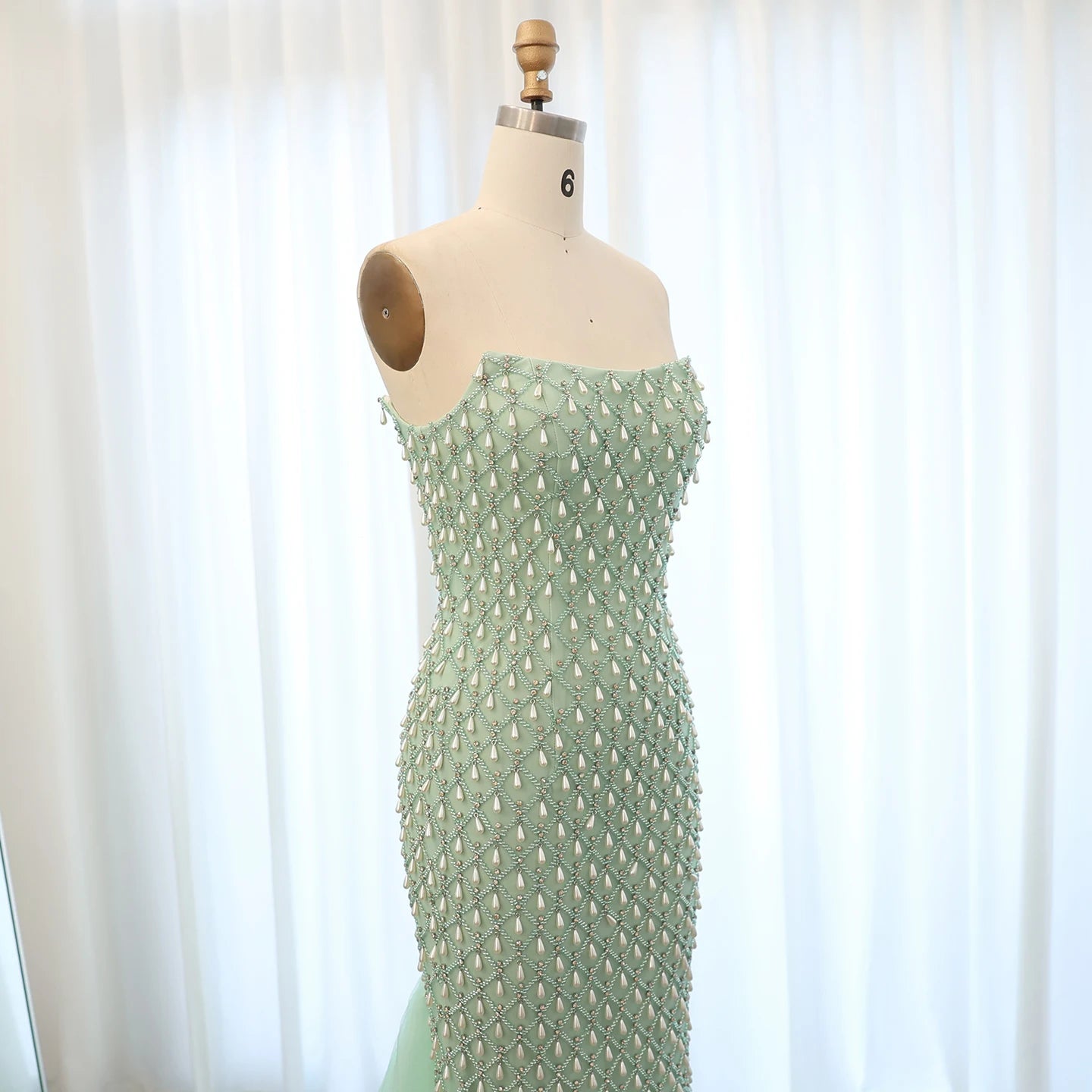 Luxury Crystal Pearls Mermaid Sage Green Evening Dress