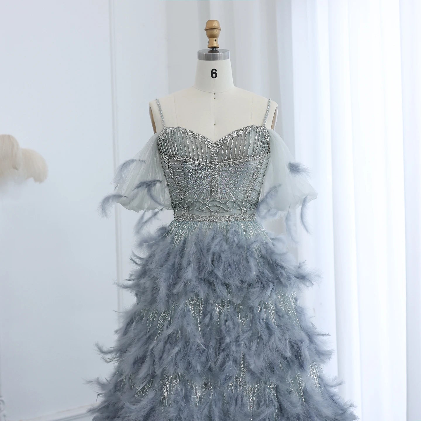 Luxury Silver Gray Crystal Feathers Evening Dress