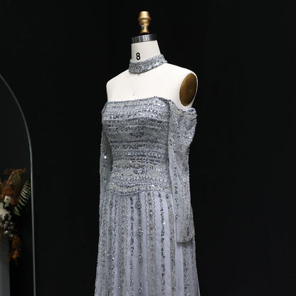 Heavy Beaded Elegant Off Shoulder Evening Dress with Choker Long Sleeves