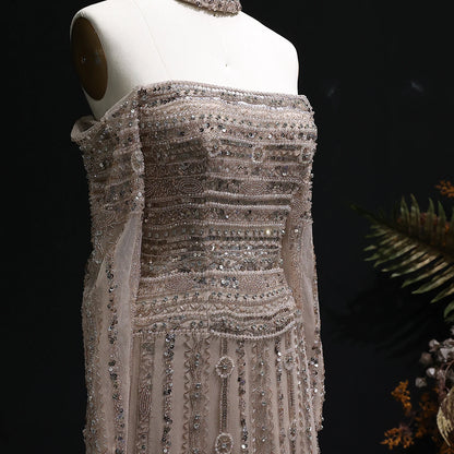 Heavy Beaded Elegant Off Shoulder Evening Dress with Choker Long Sleeves