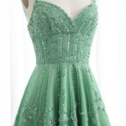 Luxury Dubai Beaded Green Evening Dress for Women Wedding Straps /Sqaure Engagement Party Dresses