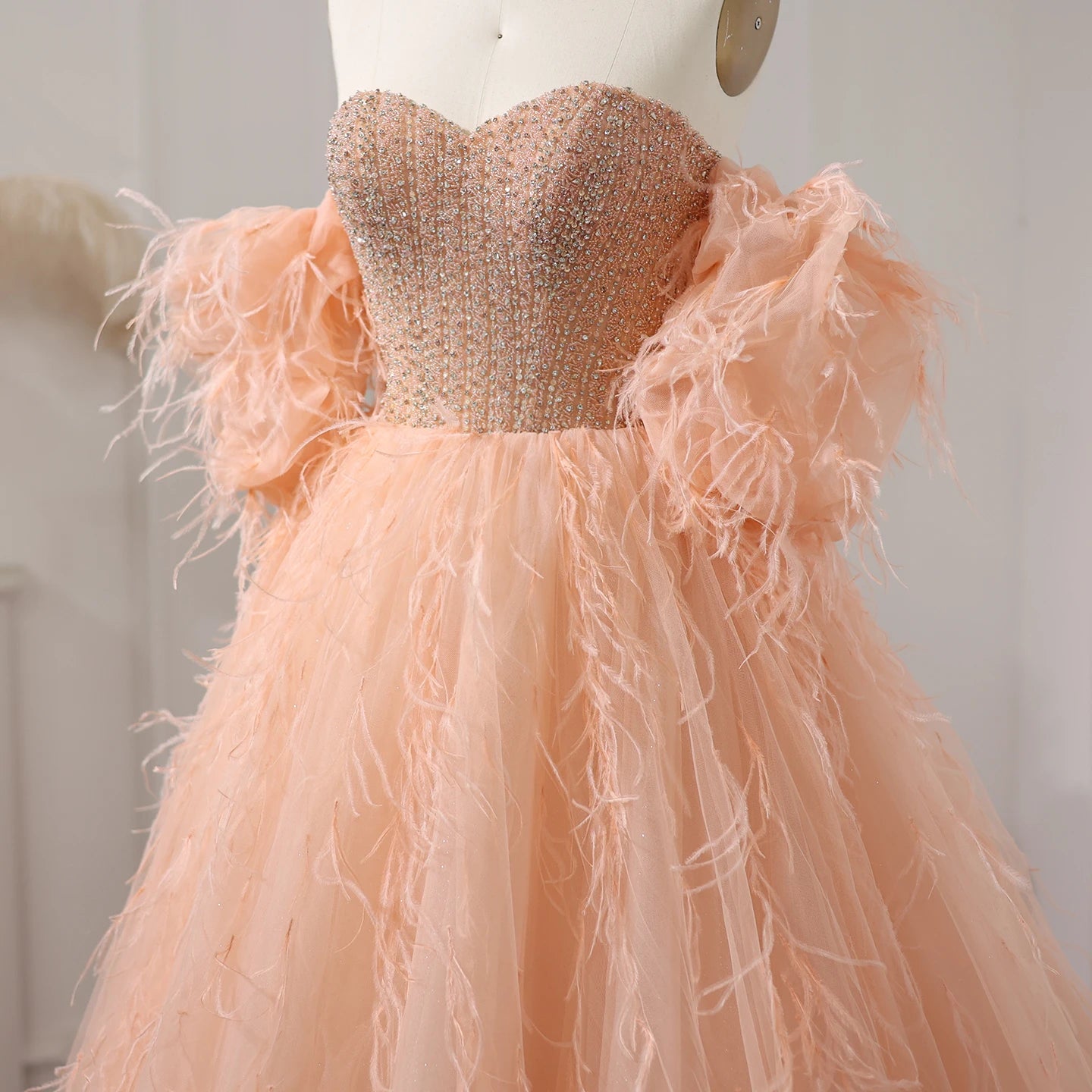 Luxury Feathers Ball Gown Coral Pink Evening Dress