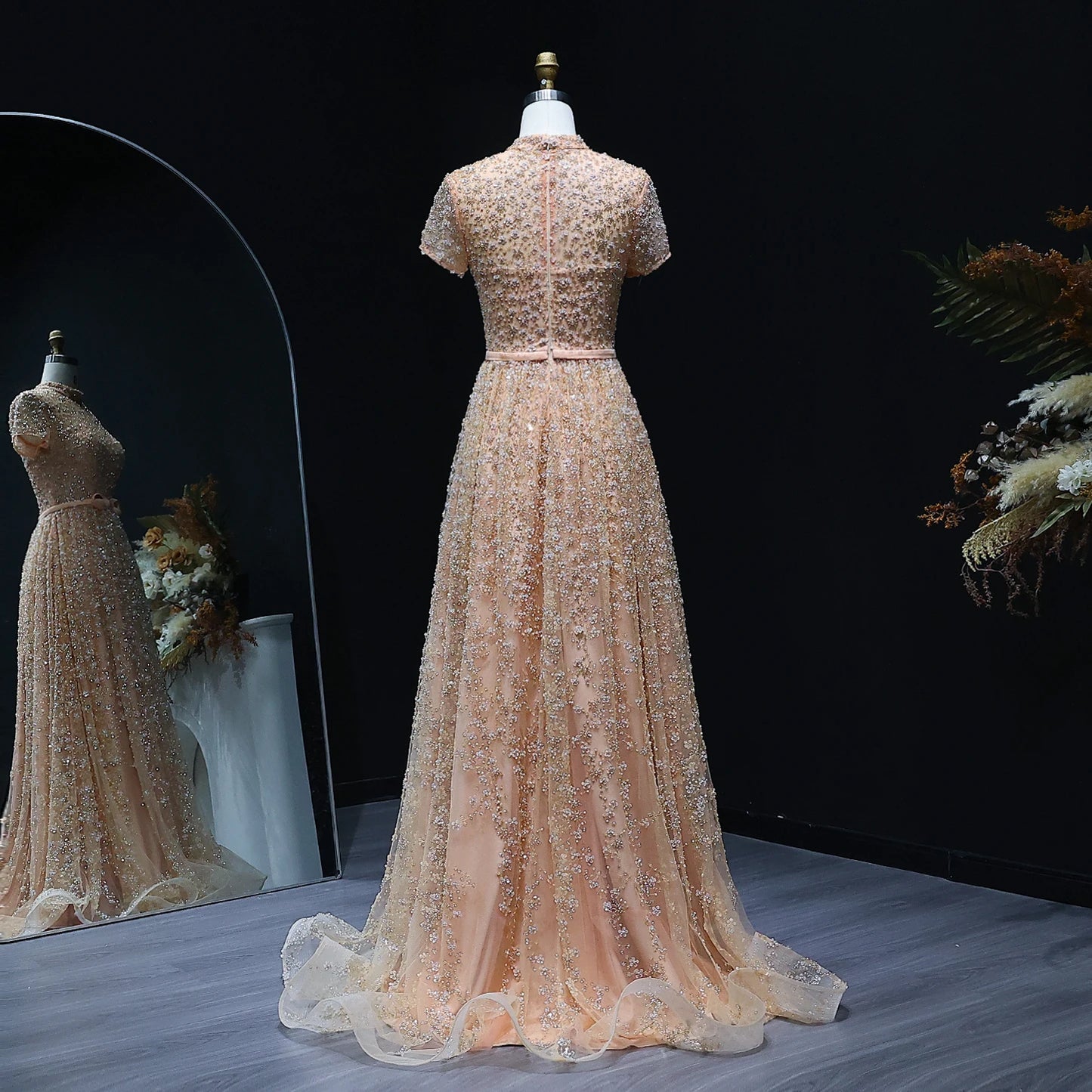 Elegant Embroidered Peach Evening Gown with Bow Luxury Beaded Dress
