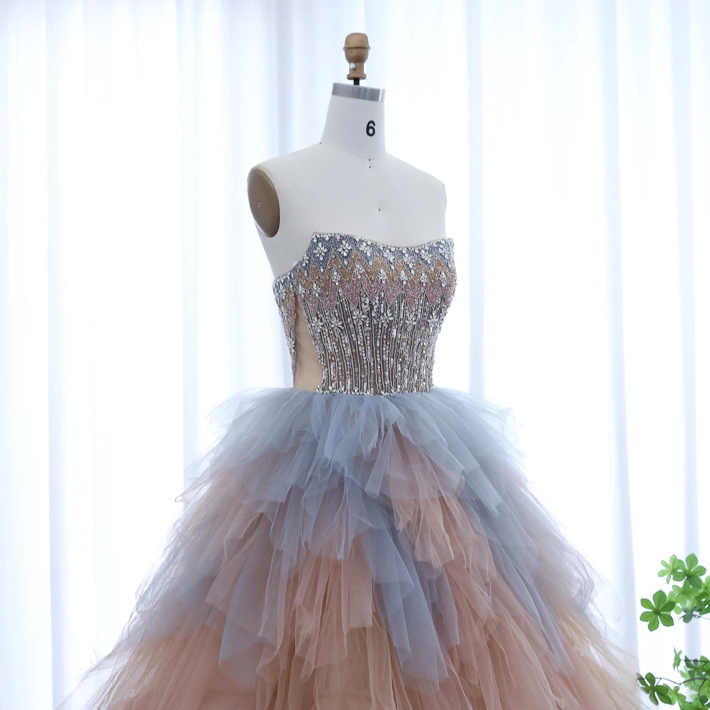 Rose Gold Blue Ruffles Princess Ball Gown Evening Dress