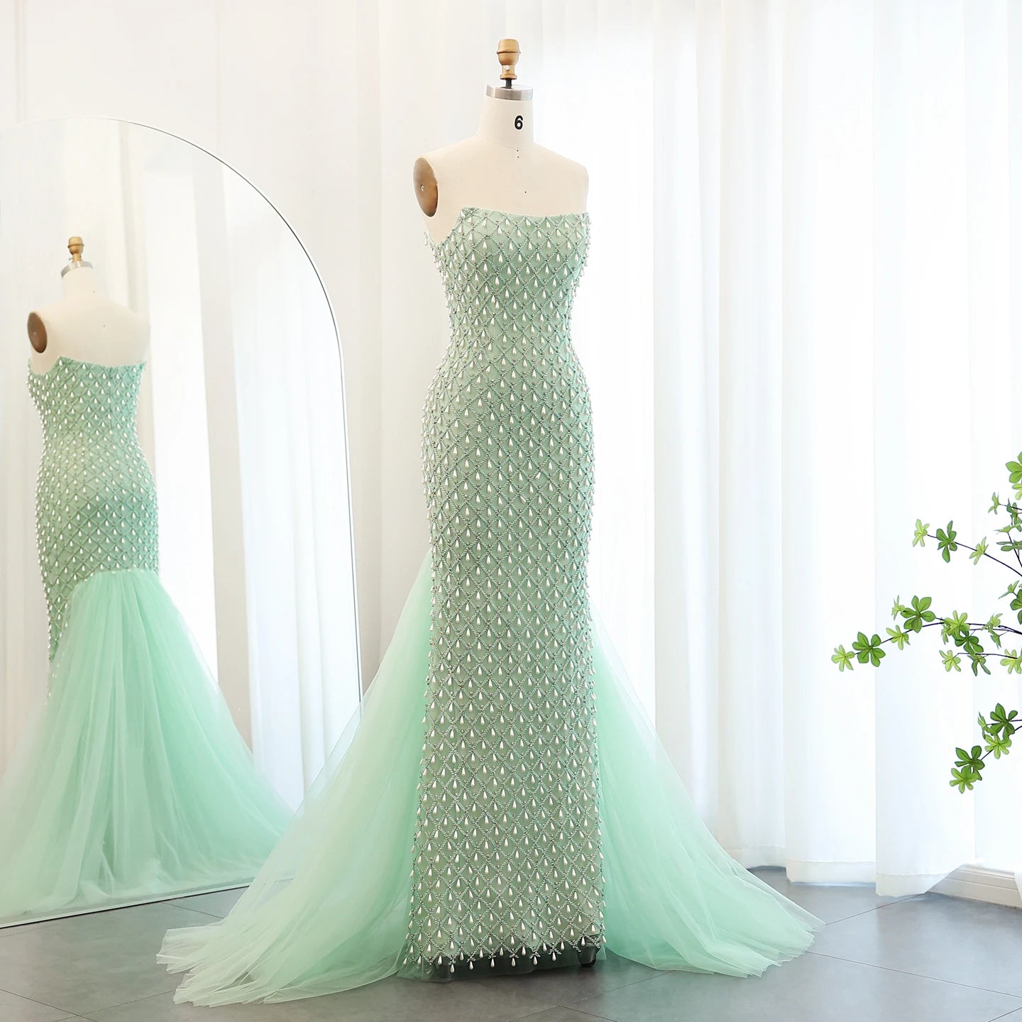 Luxury Crystal Pearls Mermaid Sage Green Evening Dress