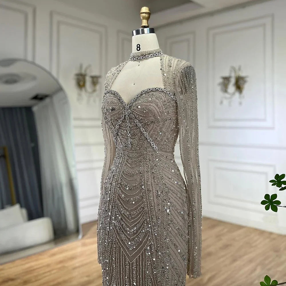 Luxury Nude Beaded Evening Gowns with Back Split