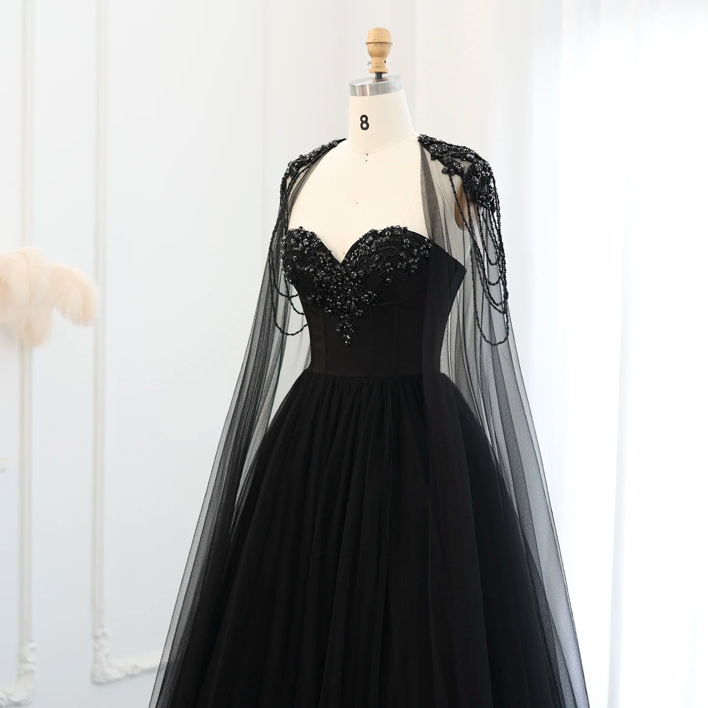 Gothic Tulle Evening Dress with Cape Sleeves Elegant