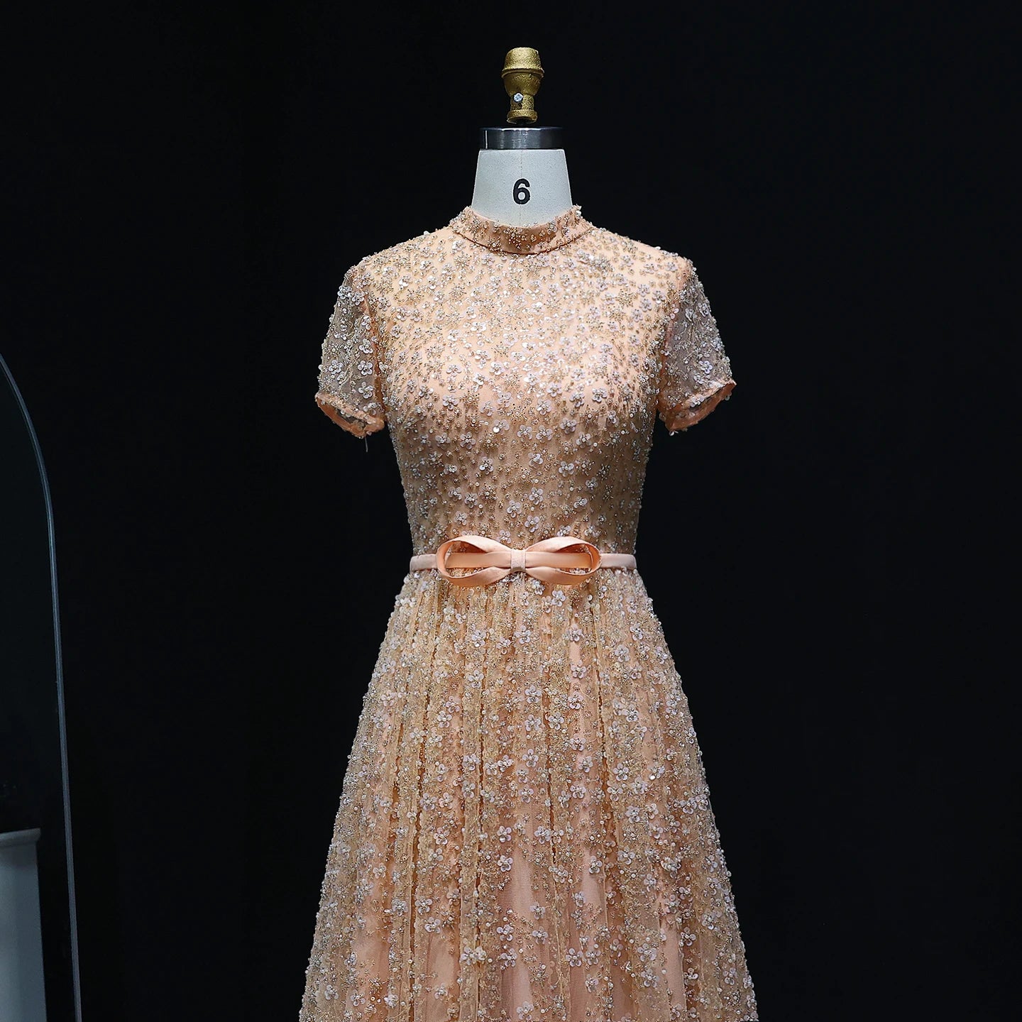 Elegant Embroidered Peach Evening Gown with Bow Luxury Beaded Dress