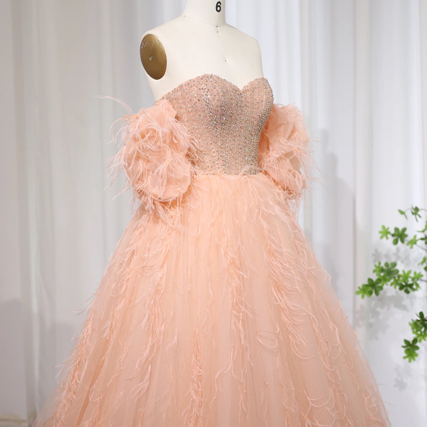 Luxury Feathers Ball Gown Coral Pink Evening Dress