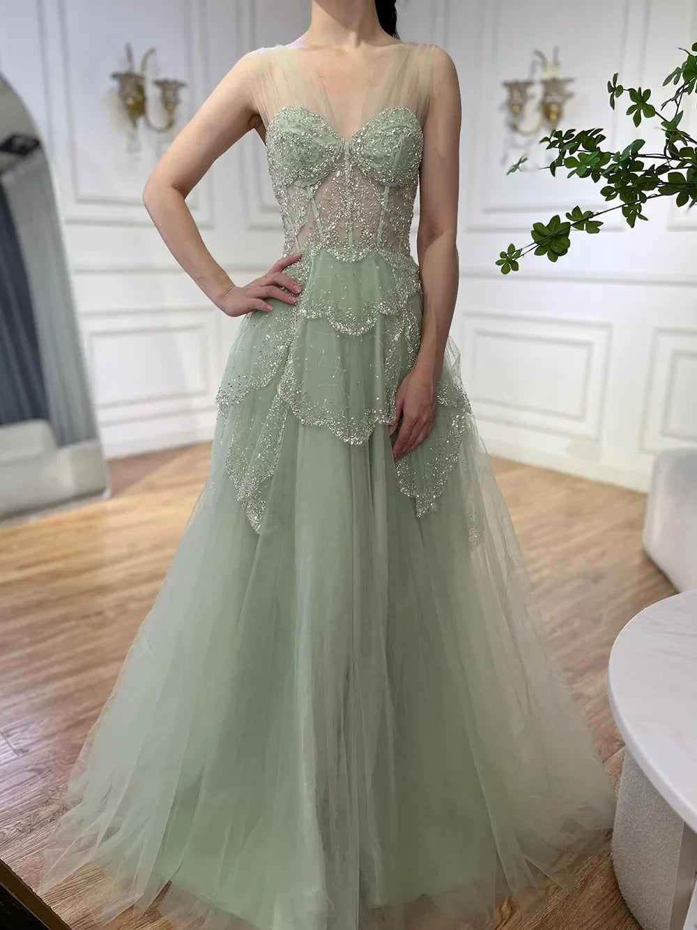 Sage Green A-Line Elegant Spaghetti Strap Luxury Beaded Evening Dress