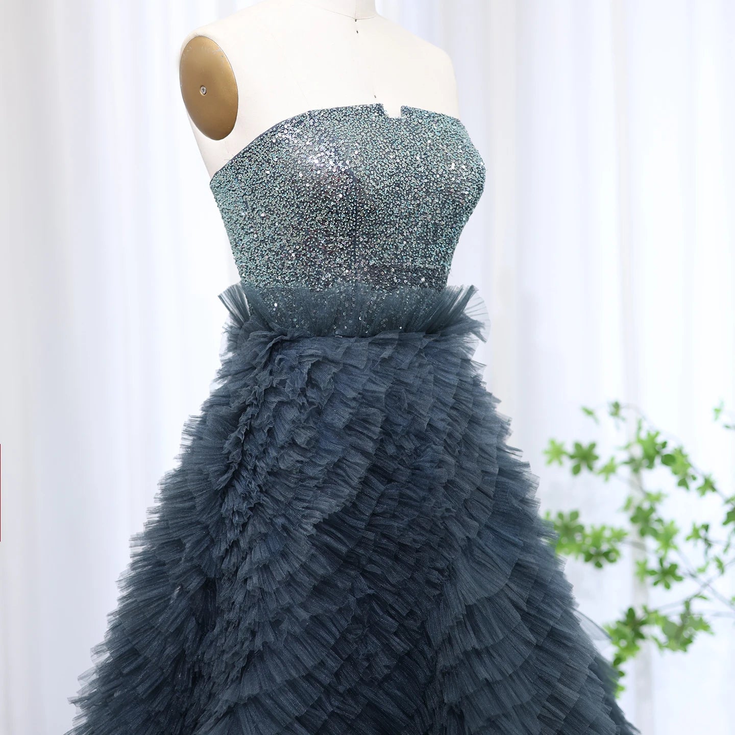 Luxury Beaded Blue Ball Gown Evening Dress