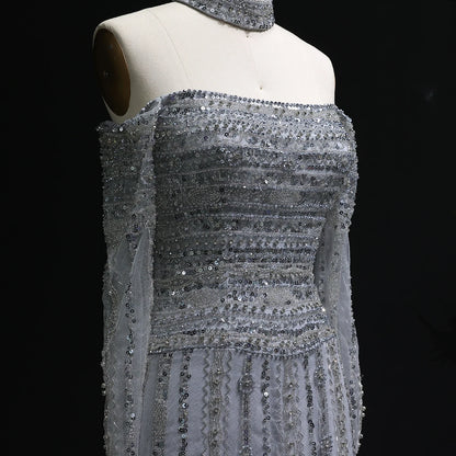 Heavy Beaded Elegant Off Shoulder Evening Dress with Choker Long Sleeves