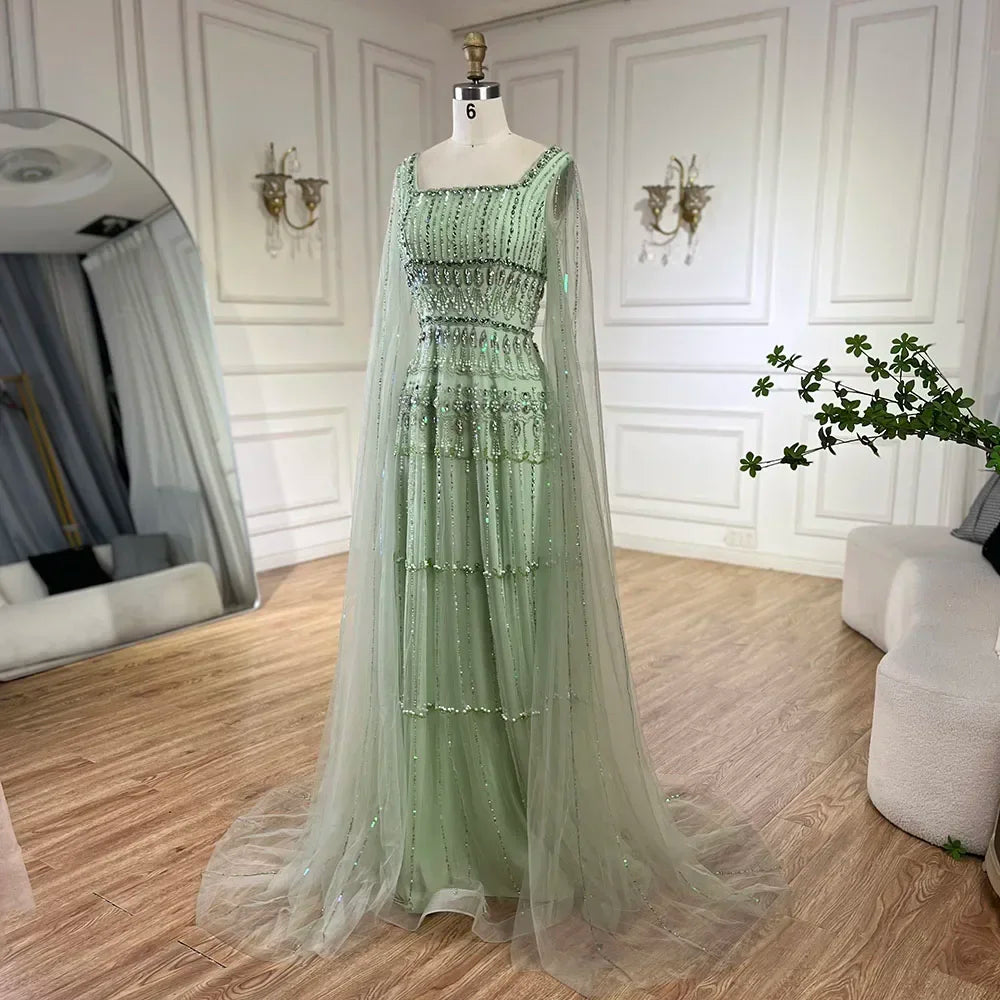 Sage Green A-Line Beaded Luxury Evening Dress