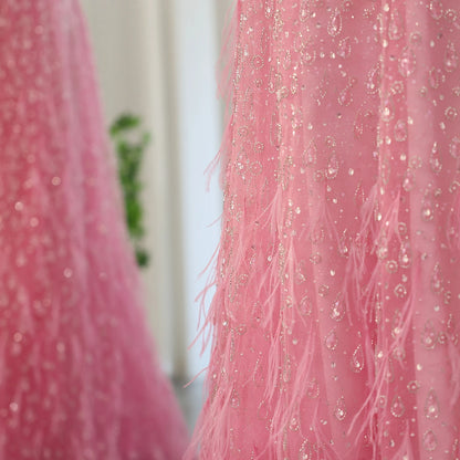Luxury Feather One Shoulder Evening Dress with Cape Sleeve
