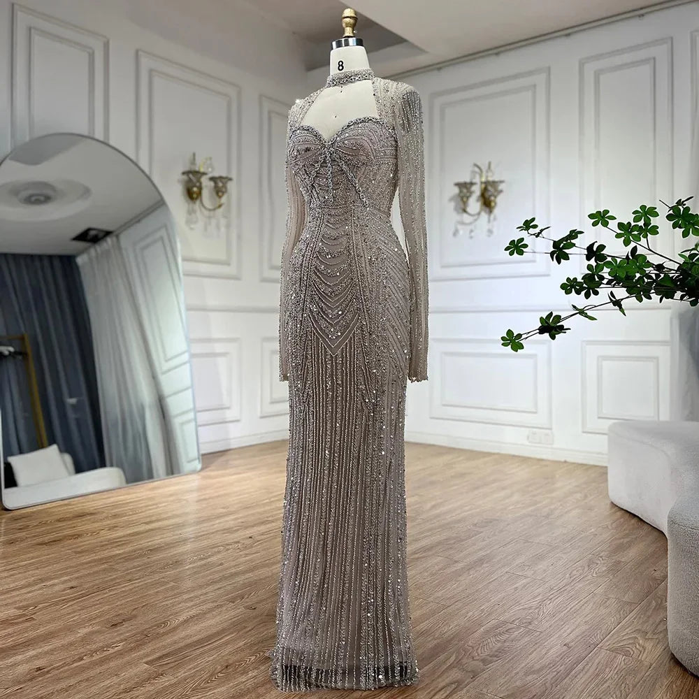 Luxury Nude Beaded Evening Gowns with Back Split