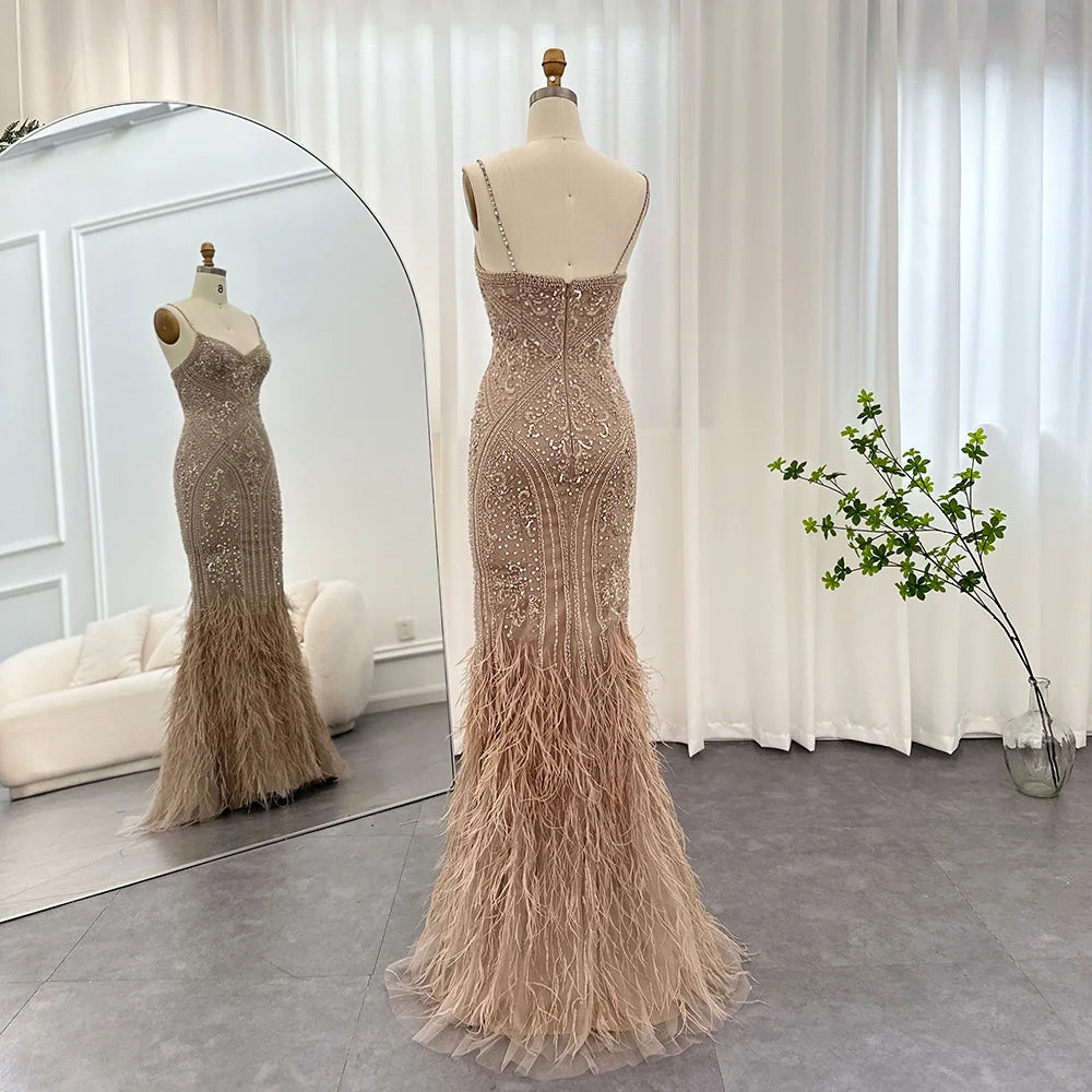 Luxury Feathers Champagne Evening Dress