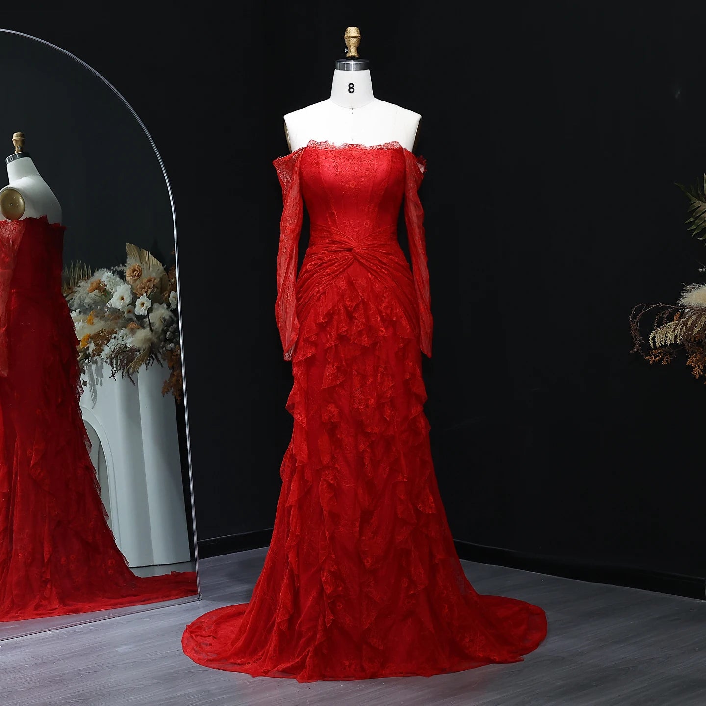 Lace Off Shoulder Evening Dress with Long Sleeves