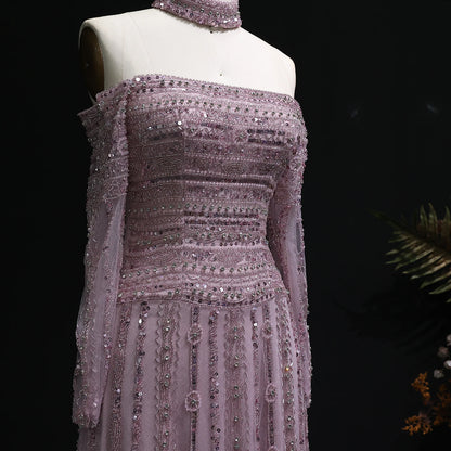 Heavy Beaded Elegant Off Shoulder Evening Dress with Choker Long Sleeves