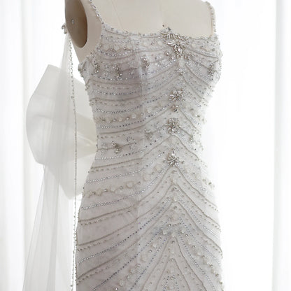 Luxury Crystal White Mermaid Wedding Dress with Cape Bow Spaghetti Straps Engagement Bridal Gowns