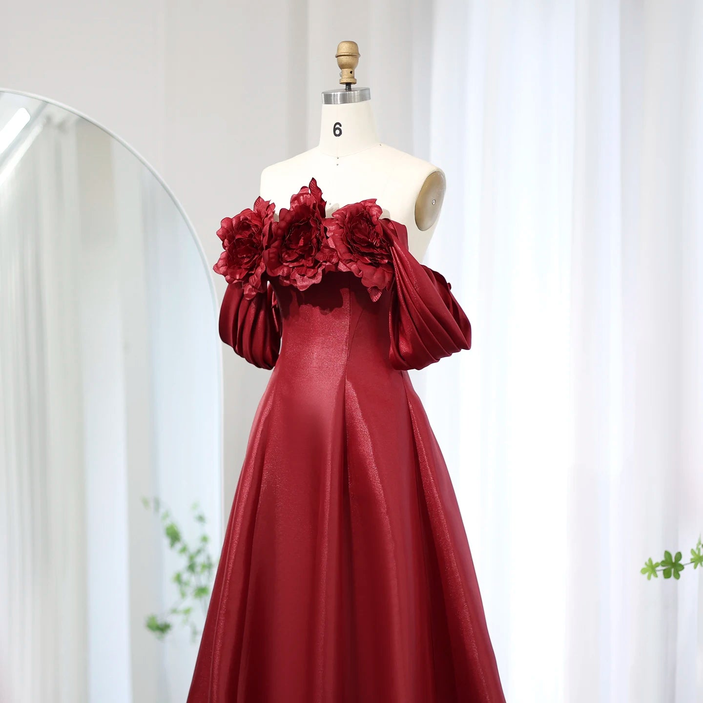 Elegant Burgundy Satin Off Shoulder Evening Dress with 3D Flowers