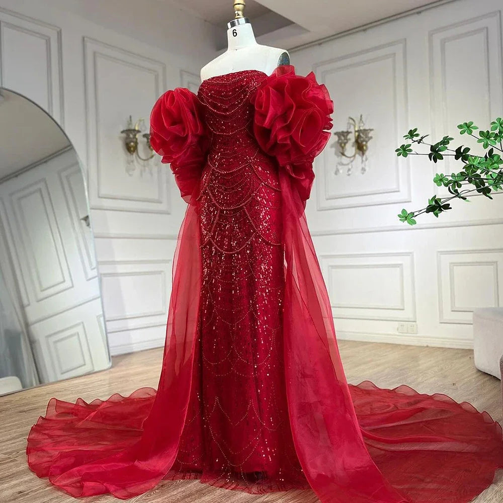 Red Long Cape Mermaid Evening Dress Gowns With Puffy Sleeves Beaded