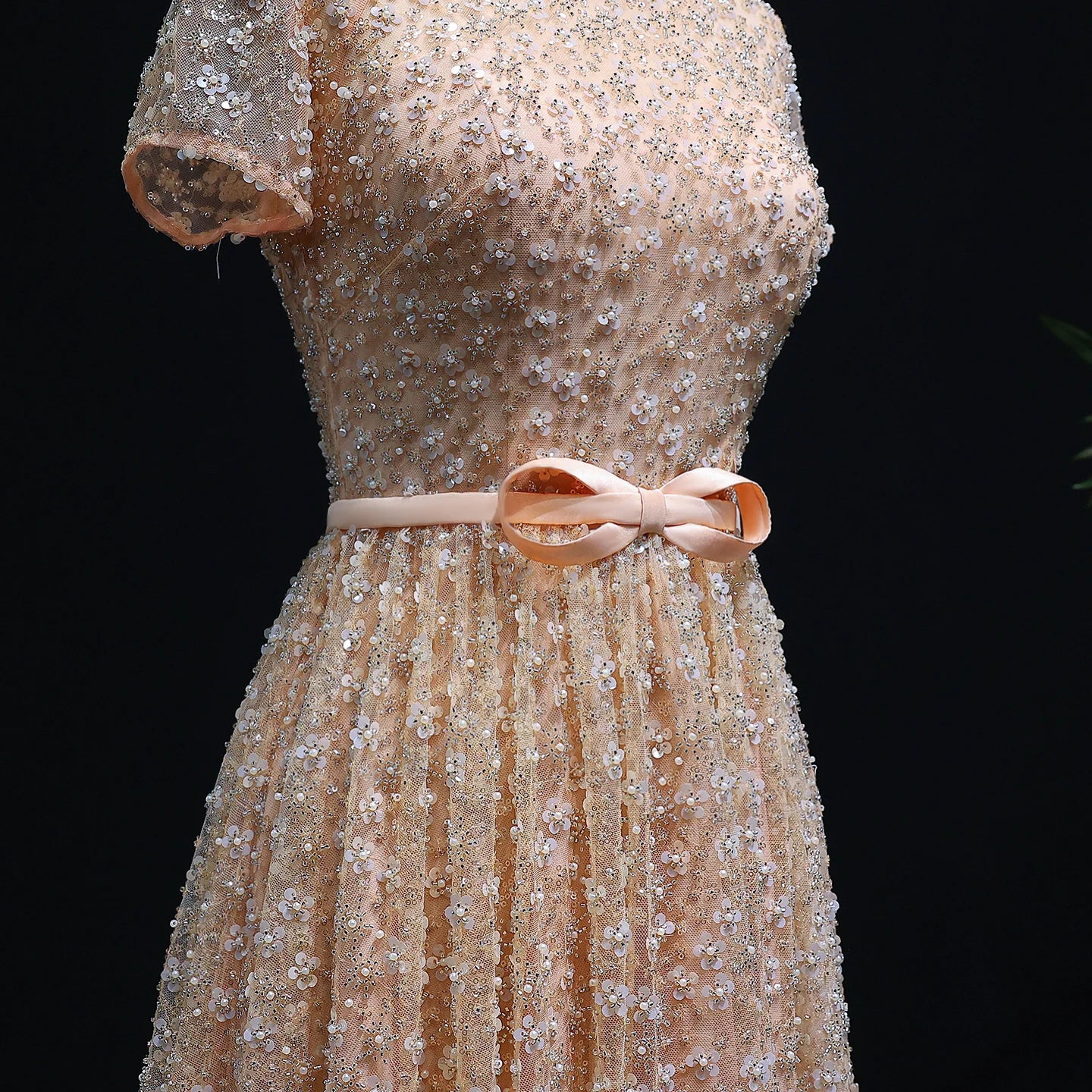 Elegant Embroidered Peach Evening Gown with Bow Luxury Beaded Dress