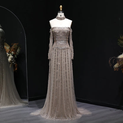 Heavy Beaded Elegant Off Shoulder Evening Dress with Choker Long Sleeves